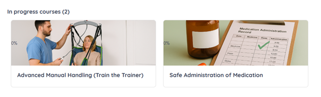 Dashboard page showing a list of in-progress courses